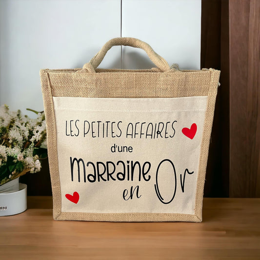 Sac personnalisé pour une marraine en or